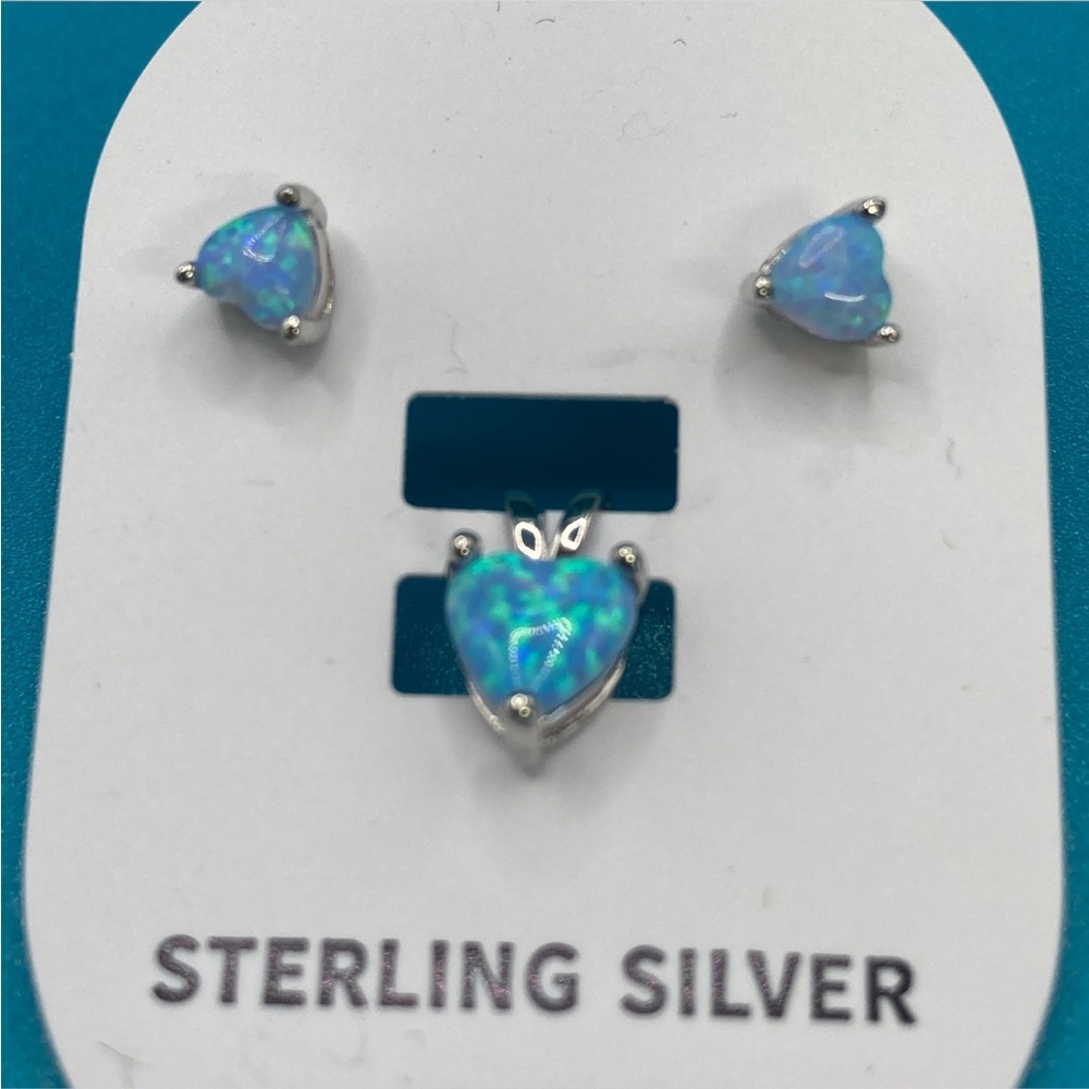 925 Silver Heart Solitaire Blue Opal Set
